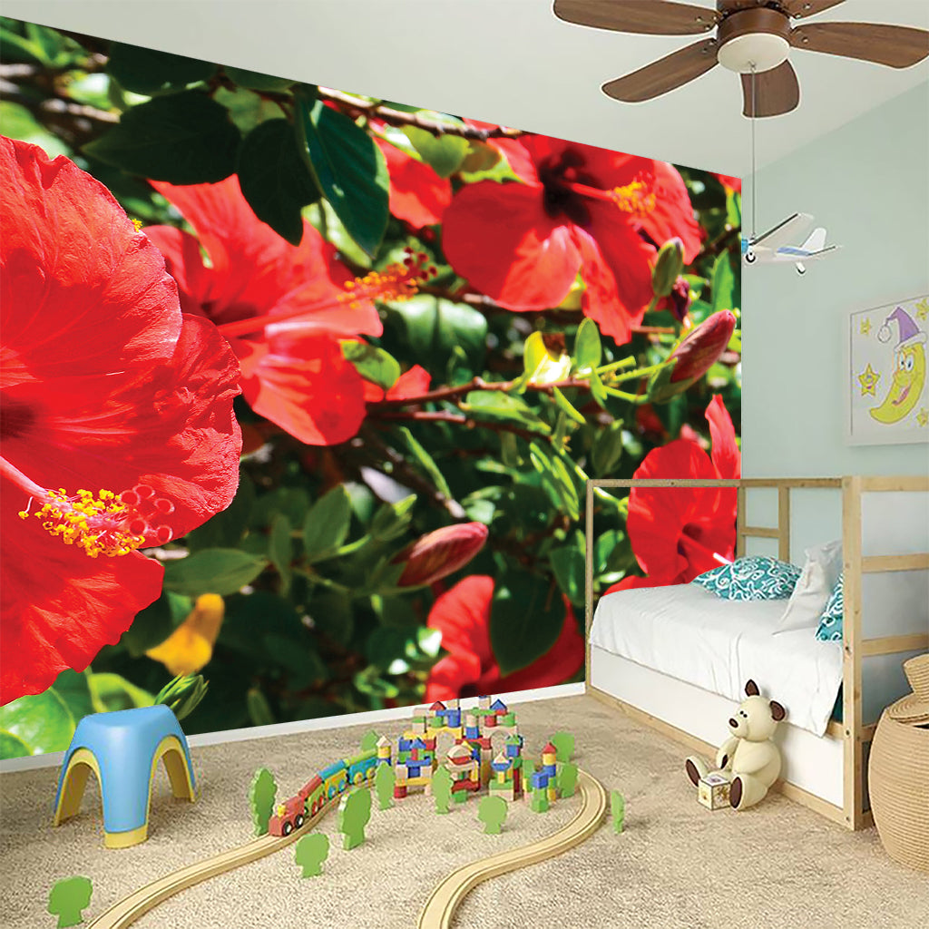 Red Hibiscus Flowers Print Wall Sticker