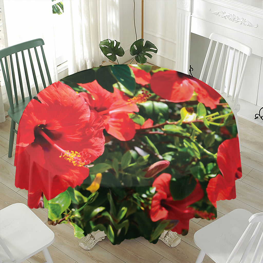 Red Hibiscus Flowers Print Waterproof Round Tablecloth