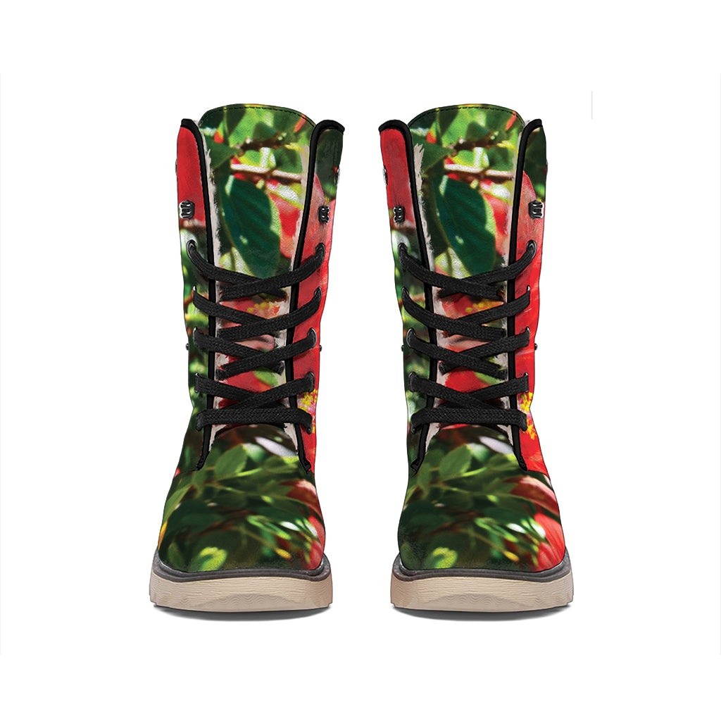 Red Hibiscus Flowers Print Winter Boots