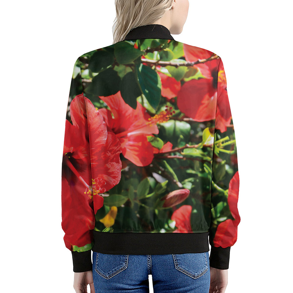 Red Hibiscus Flowers Print Women's Bomber Jacket