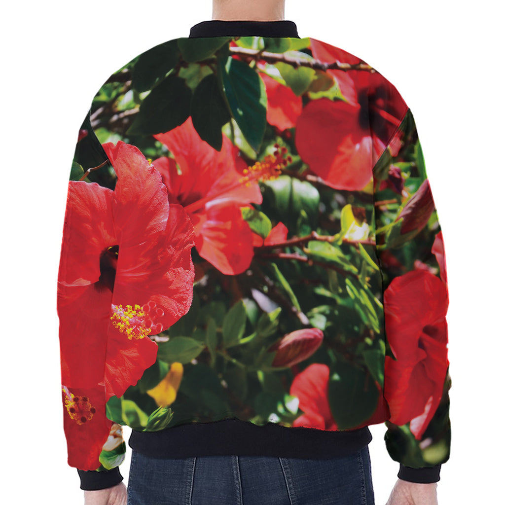 Red Hibiscus Flowers Print Zip Sleeve Bomber Jacket