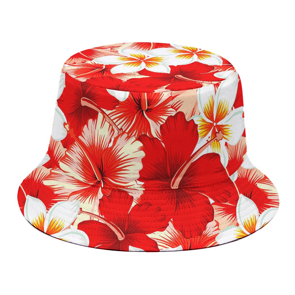 Red Hibiscus Plumeria Pattern Print Bucket Hat