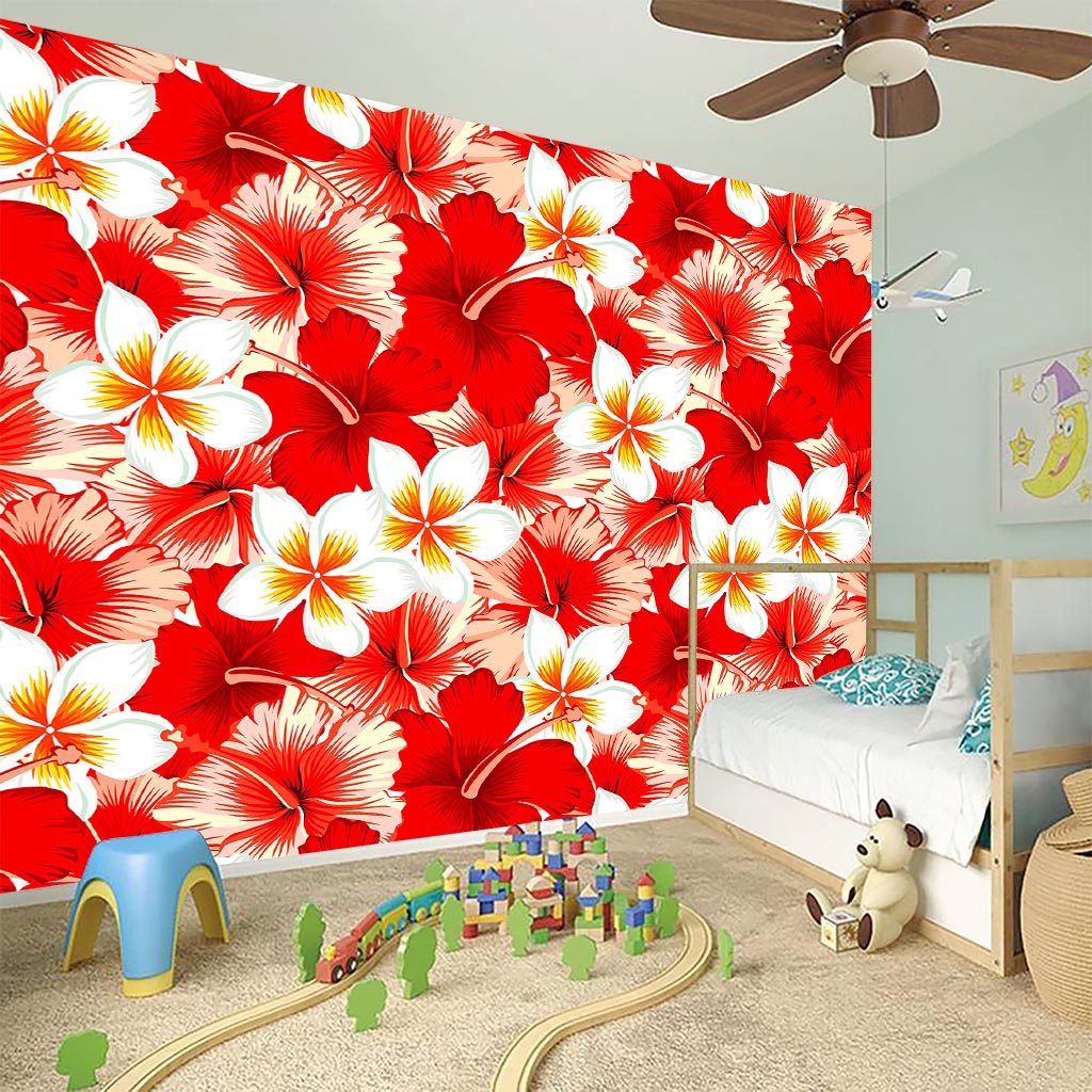 Red Hibiscus Plumeria Pattern Print Wall Sticker