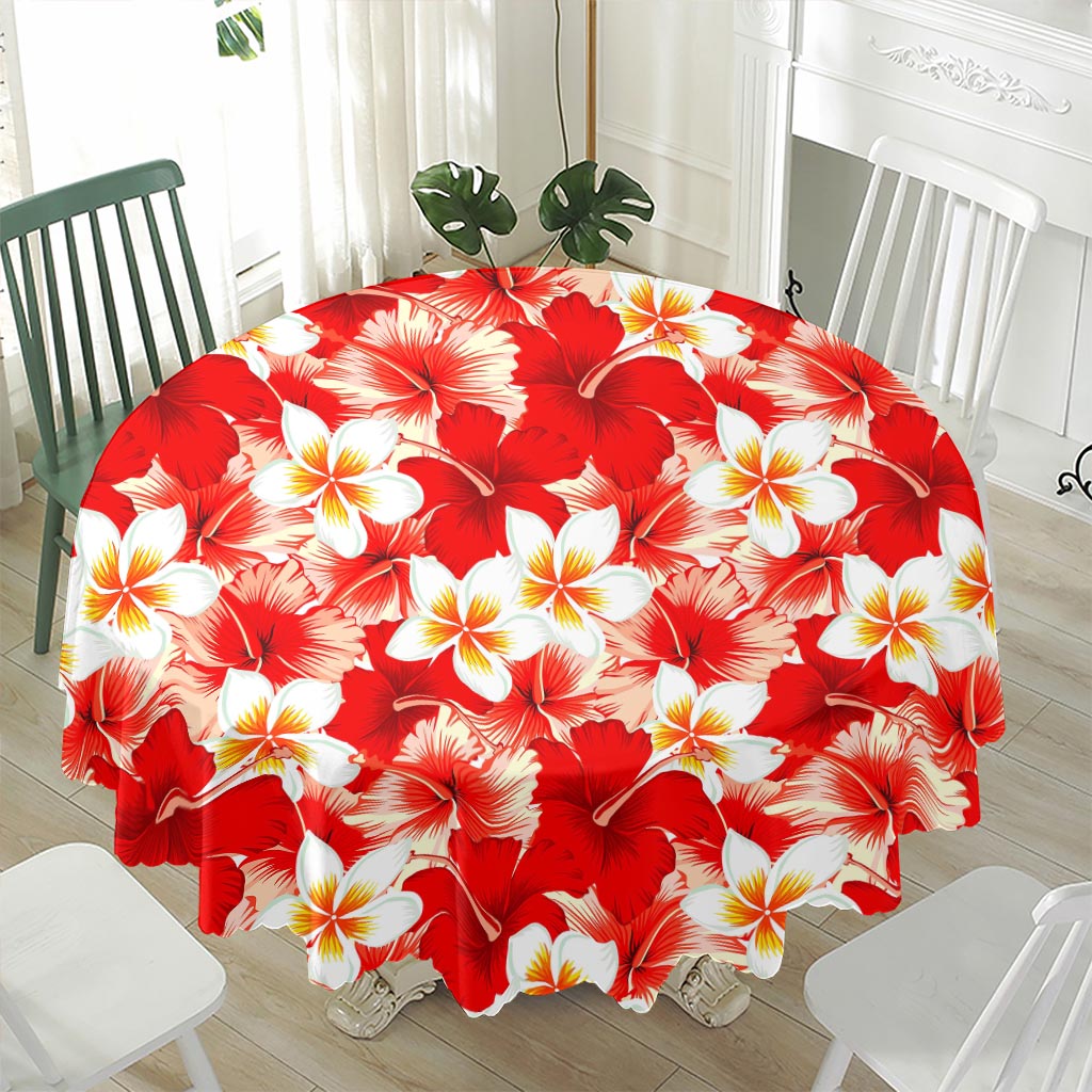 Red Hibiscus Plumeria Pattern Print Waterproof Round Tablecloth