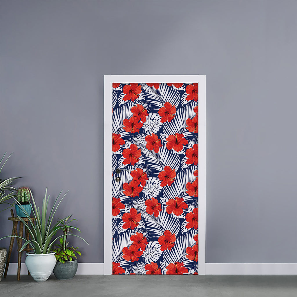 Red Hibiscus Tropical Pattern Print Door Sticker