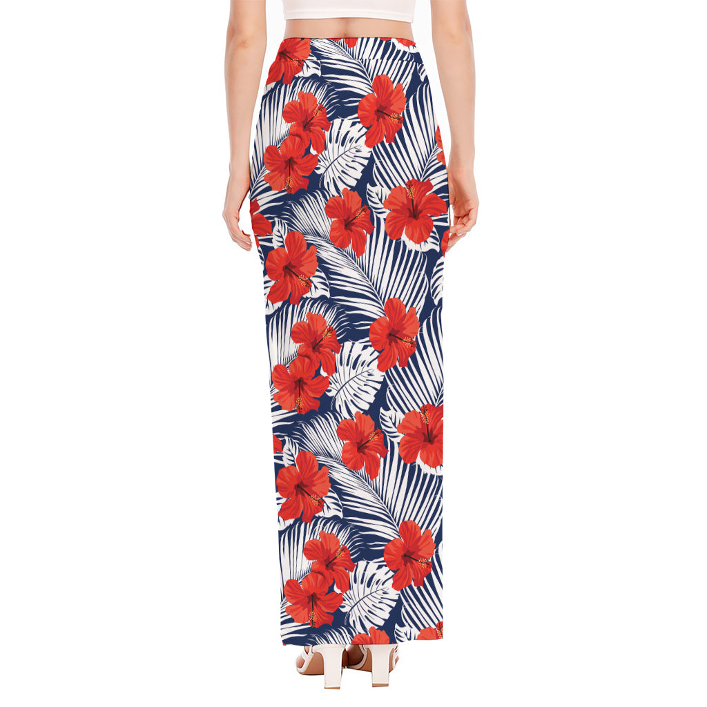 Red Hibiscus Tropical Pattern Print High Slit Maxi Skirt