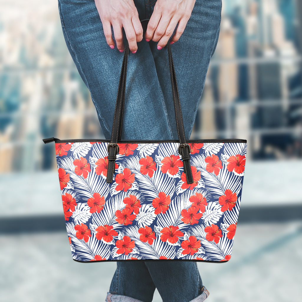 Red Hibiscus Tropical Pattern Print Leather Tote Bag