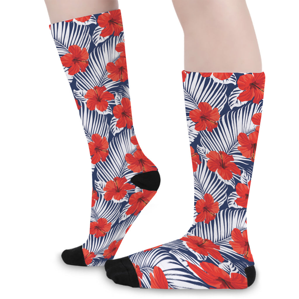 Red Hibiscus Tropical Pattern Print Long Socks