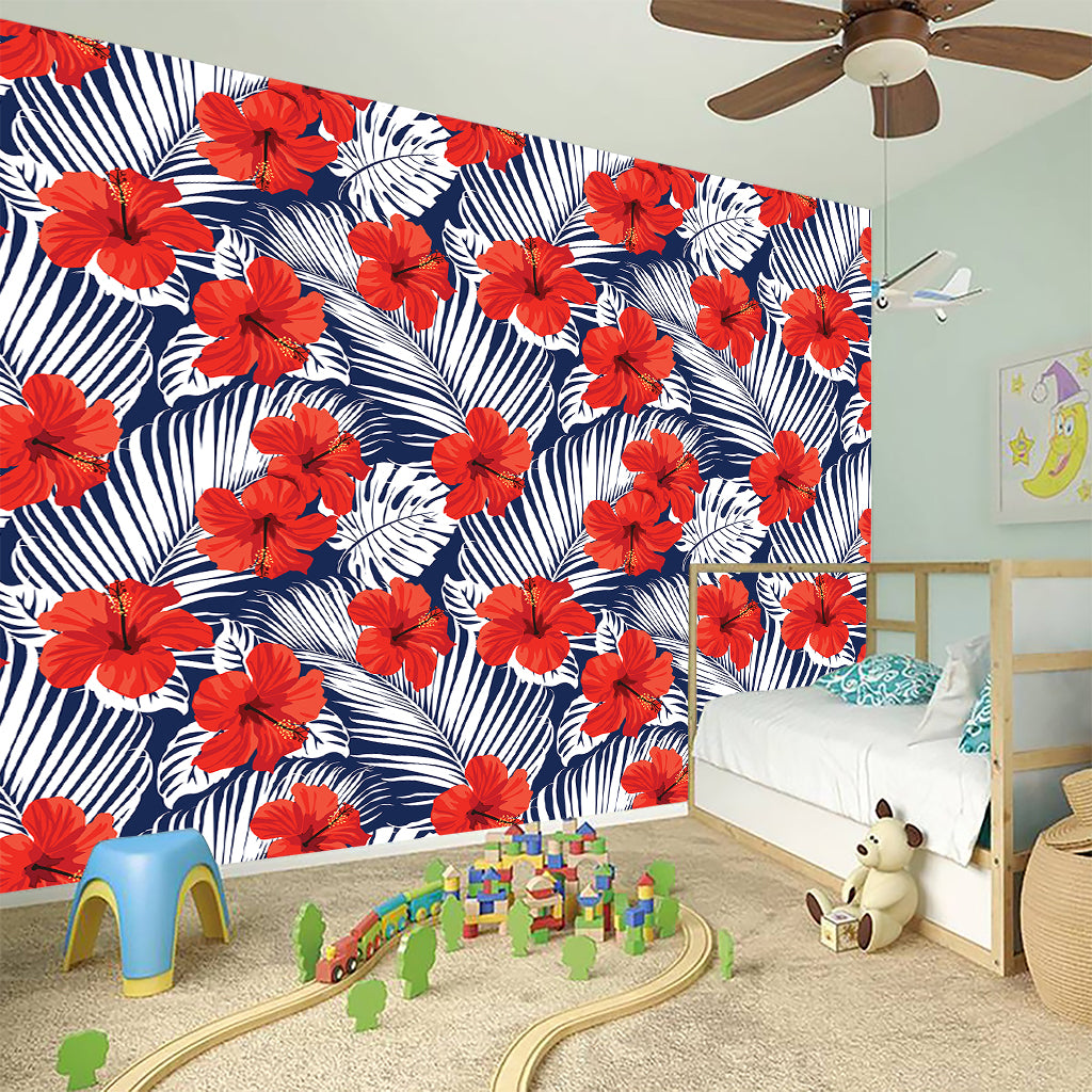 Red Hibiscus Tropical Pattern Print Wall Sticker
