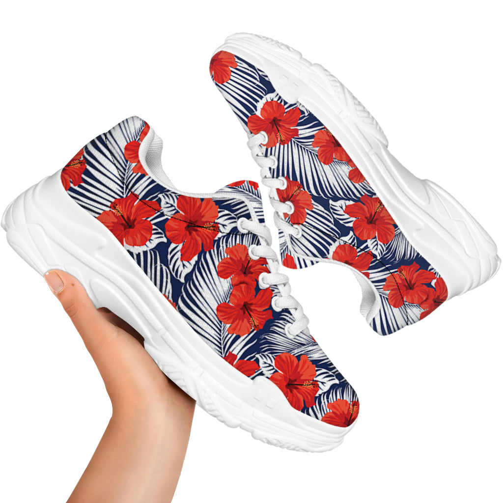Red Hibiscus Tropical Pattern Print White Chunky Shoes
