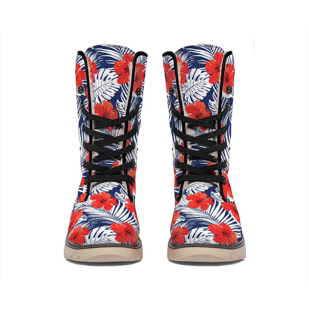 Red Hibiscus Tropical Pattern Print Winter Boots