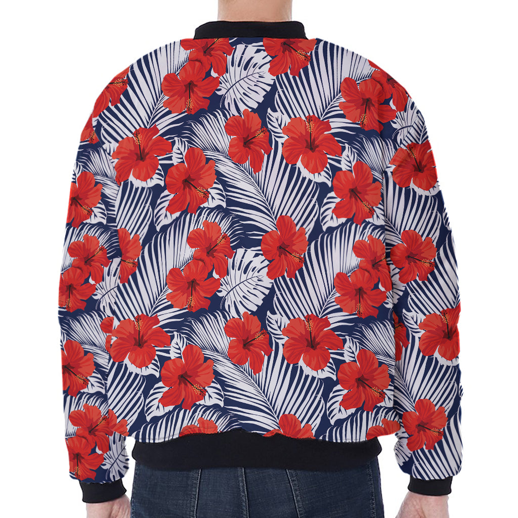 Red Hibiscus Tropical Pattern Print Zip Sleeve Bomber Jacket