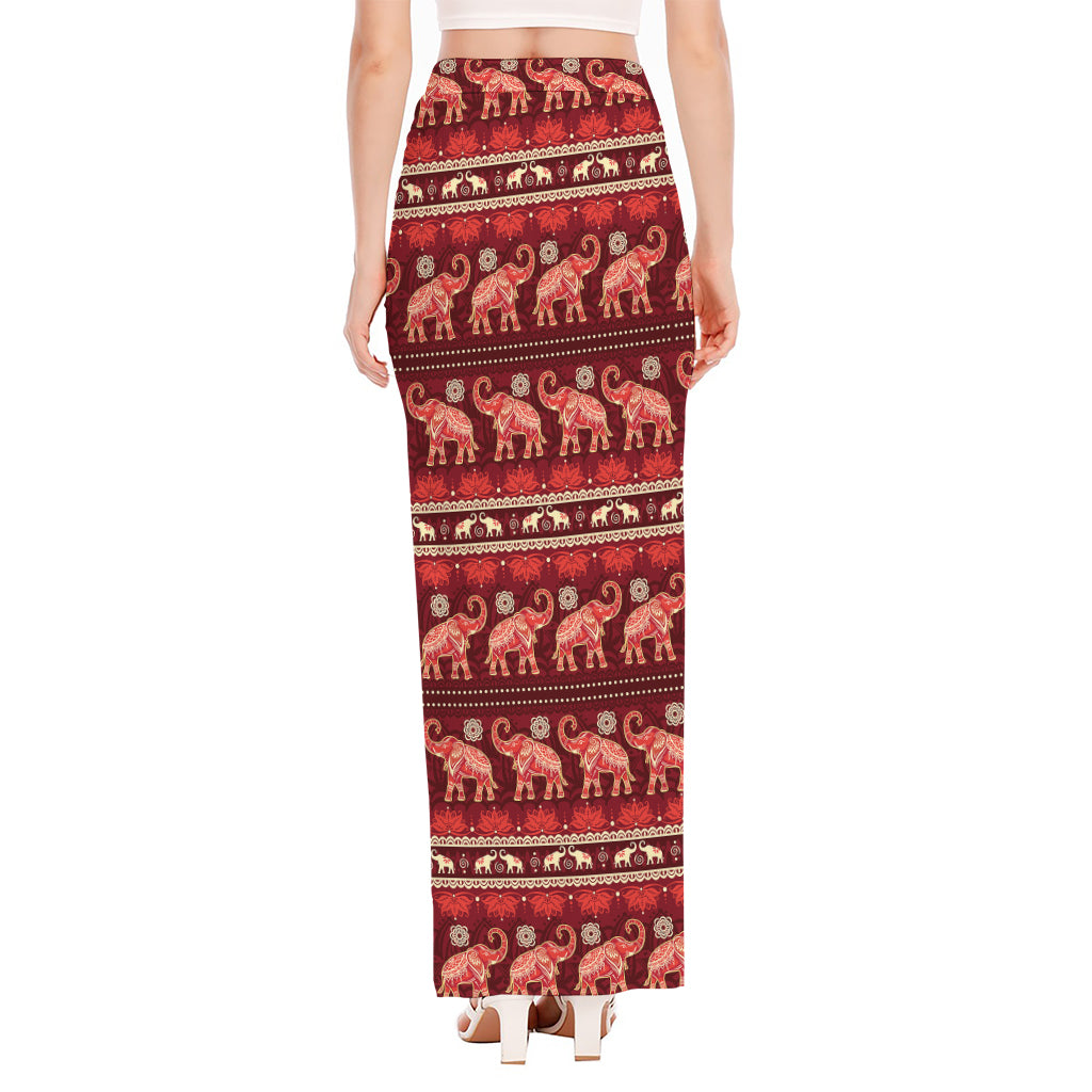 Red Indian Elephant Pattern Print High Slit Maxi Skirt