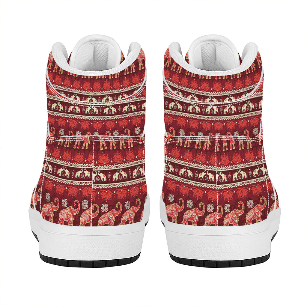 Red Indian Elephant Pattern Print High Top Leather Sneakers