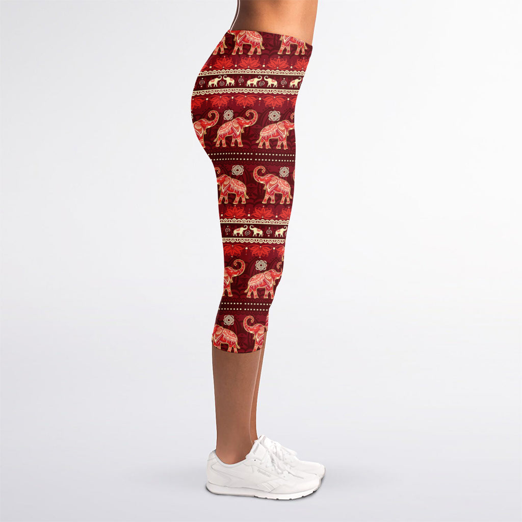 Red Indian Elephant Pattern Print Women's Capri Leggings