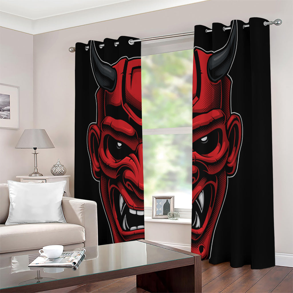 Red Japanese Demon Mask Print Extra Wide Grommet Curtains
