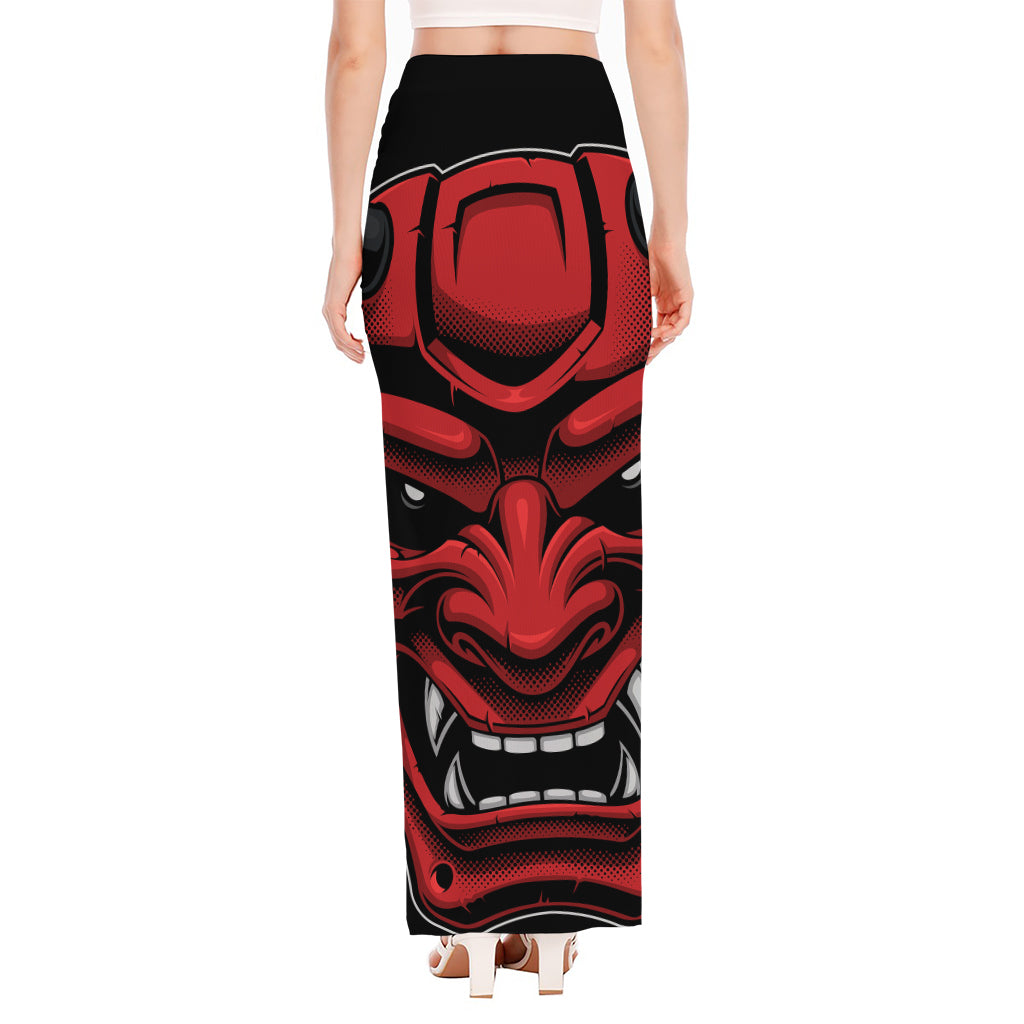 Red Japanese Demon Mask Print High Slit Maxi Skirt