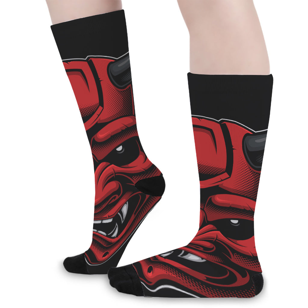 Red Japanese Demon Mask Print Long Socks