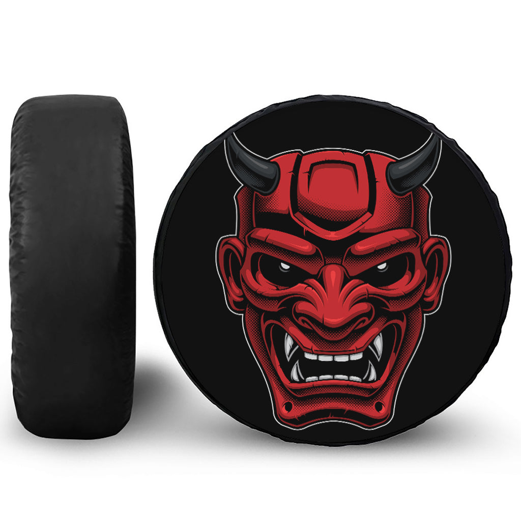 Red Japanese Demon Mask Print Tire Cover