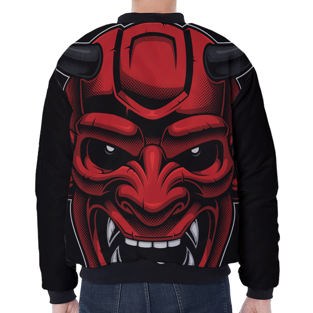 Red Japanese Demon Mask Print Zip Sleeve Bomber Jacket