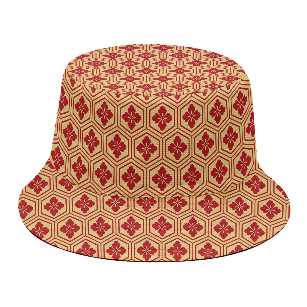Red Japanese Flower Pattern Print Bucket Hat