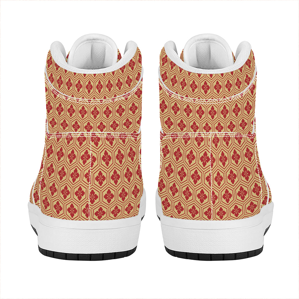 Red Japanese Flower Pattern Print High Top Leather Sneakers