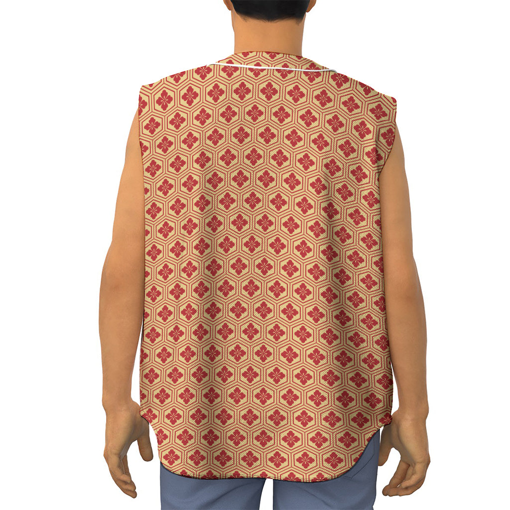 Red Japanese Flower Pattern Print Sleeveless Baseball Jersey