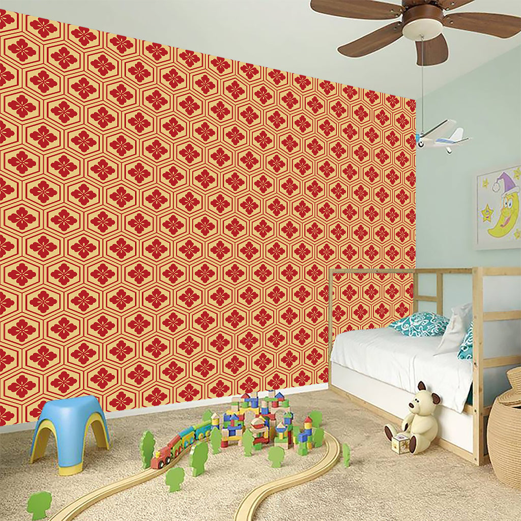 Red Japanese Flower Pattern Print Wall Sticker