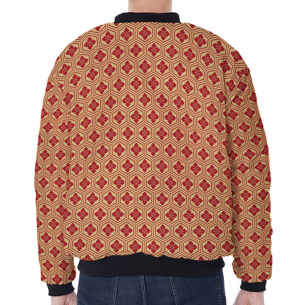 Red Japanese Flower Pattern Print Zip Sleeve Bomber Jacket