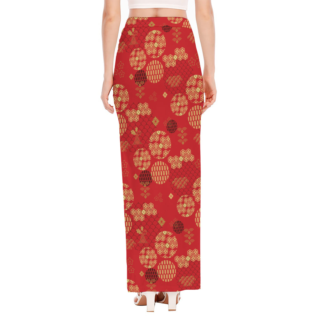 Red Japanese Pattern Print High Slit Maxi Skirt