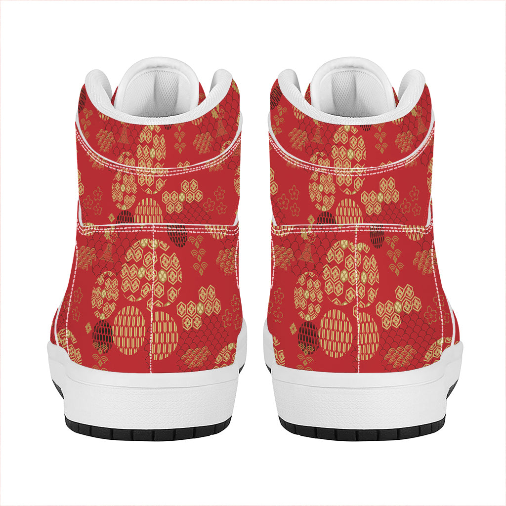 Red Japanese Pattern Print High Top Leather Sneakers