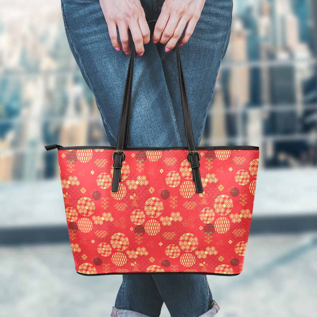 Red Japanese Pattern Print Leather Tote Bag