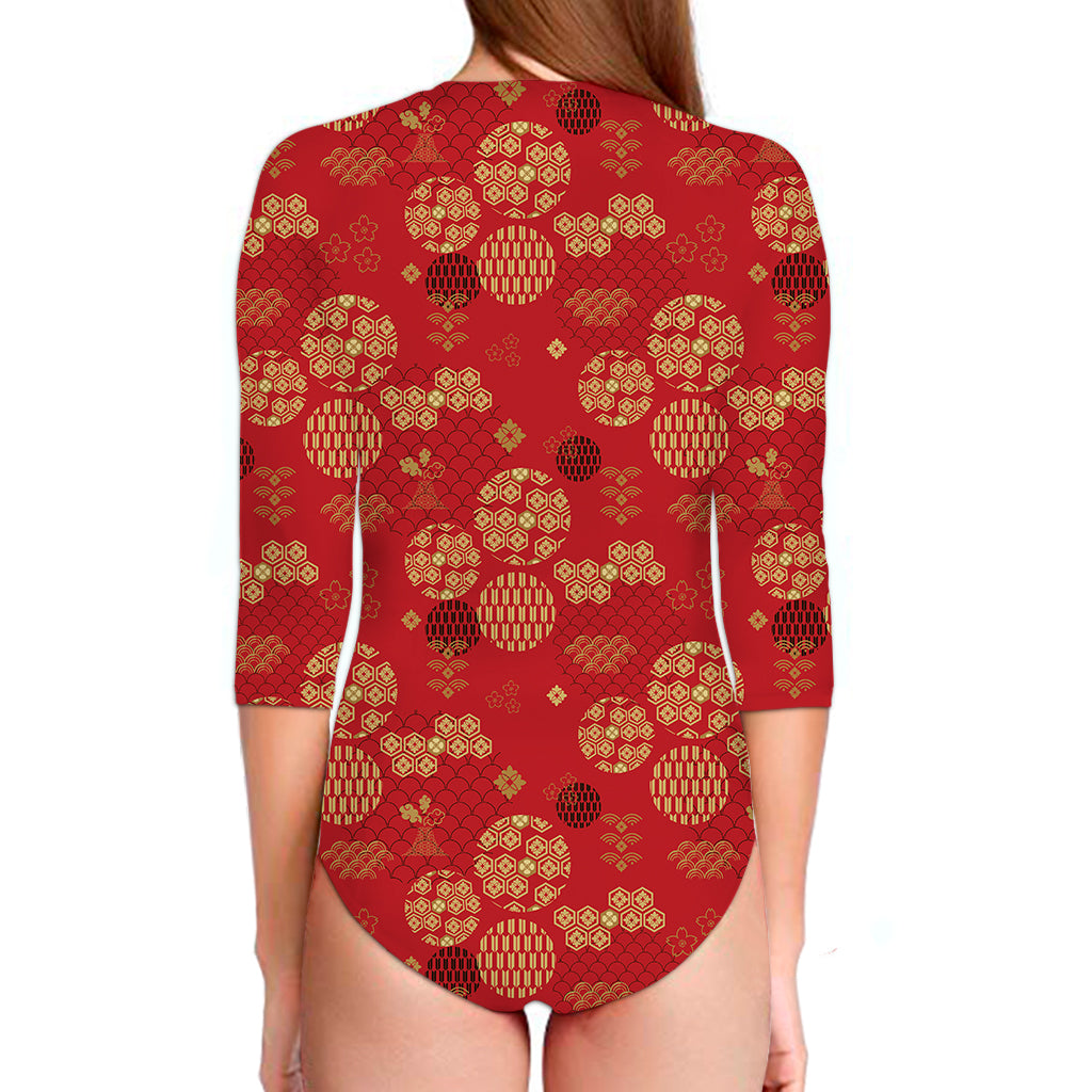 Red Japanese Pattern Print Long Sleeve Swimsuit