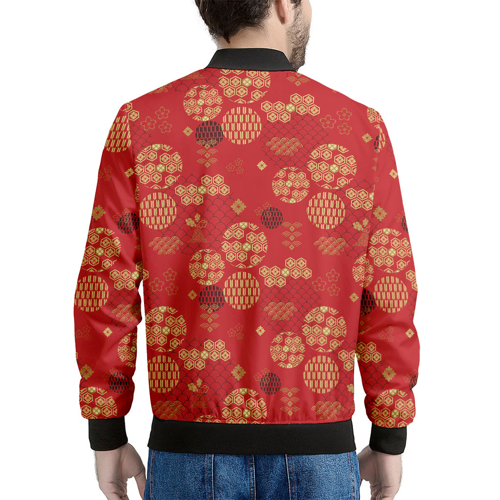Red Japanese Pattern Print Men's Bomber Jacket