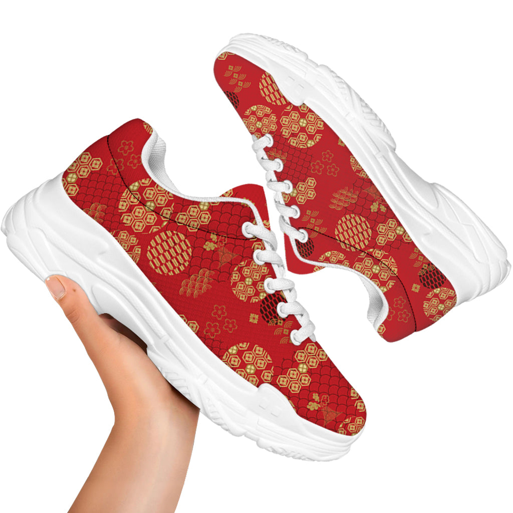 Red Japanese Pattern Print White Chunky Shoes