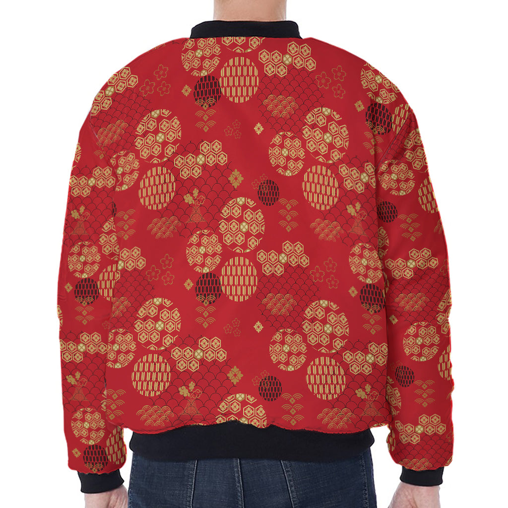 Red Japanese Pattern Print Zip Sleeve Bomber Jacket