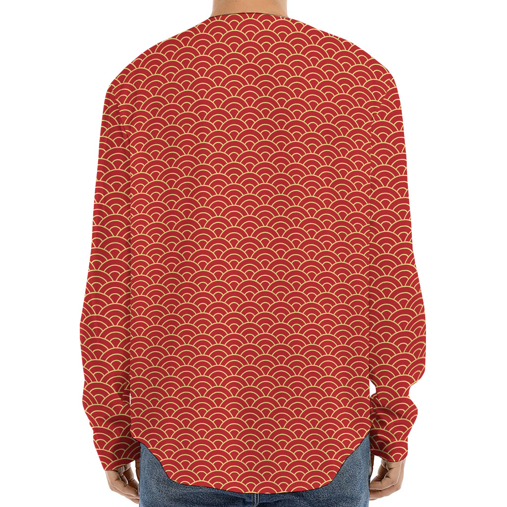 Red Japanese Wave Pattern Print Long Sleeve Baseball Jersey