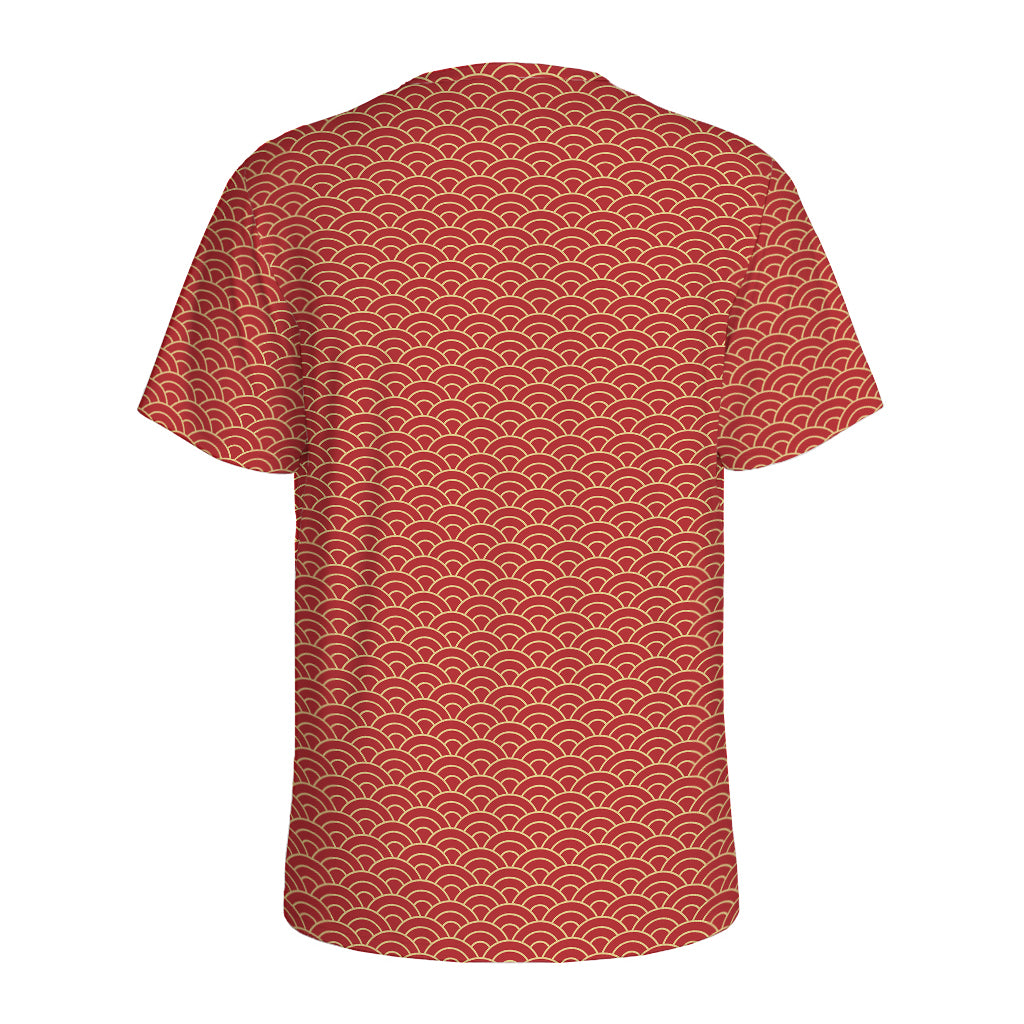 Red Japanese Wave Pattern Print Men's Sports T-Shirt