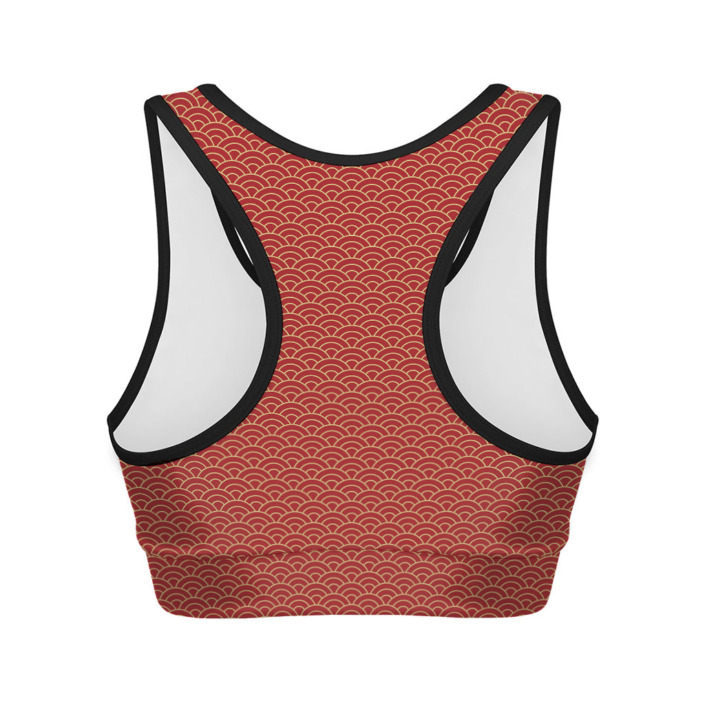 Red Japanese Wave Pattern Print Women's Sports Bra