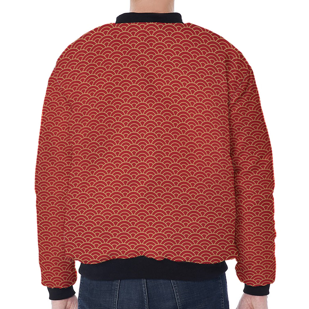 Red Japanese Wave Pattern Print Zip Sleeve Bomber Jacket