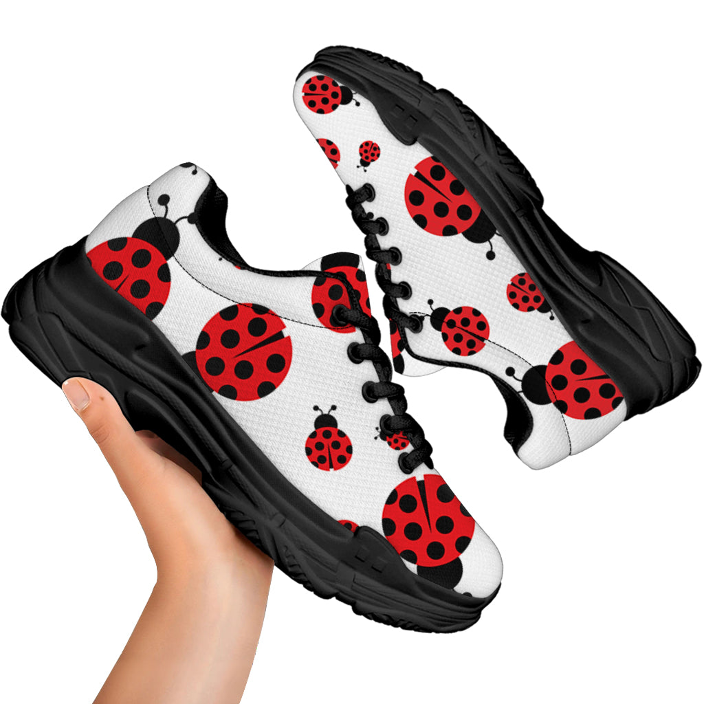 Red Ladybug Pattern Print Black Chunky Shoes