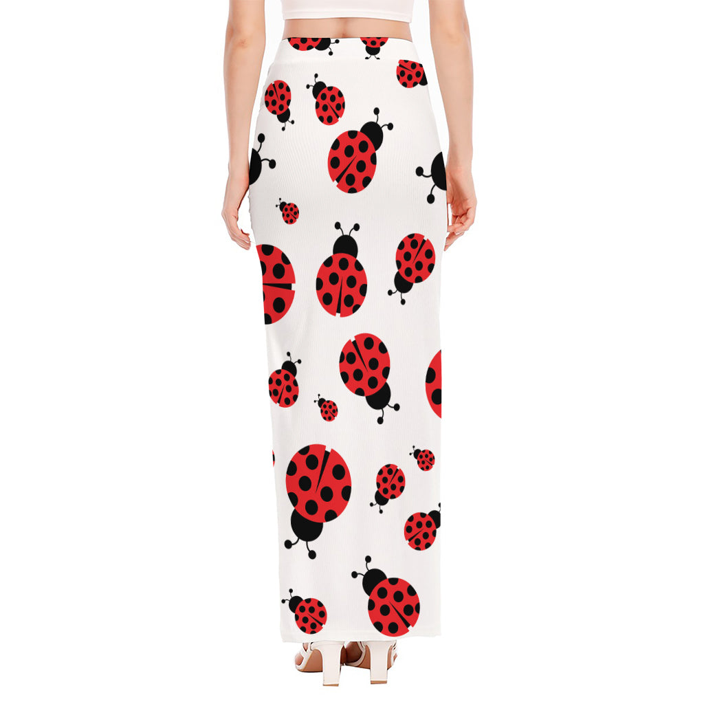 Red Ladybug Pattern Print High Slit Maxi Skirt