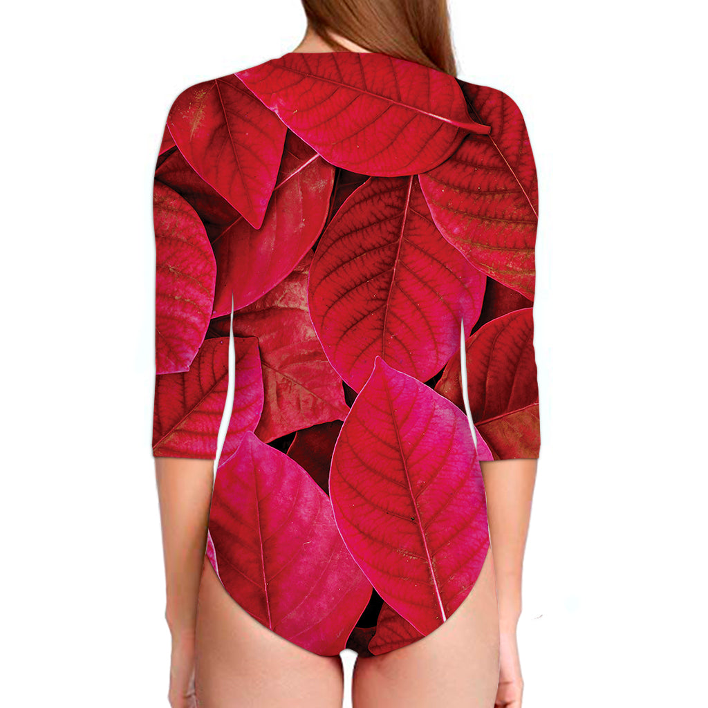 Red Leaf Print Long Sleeve Swimsuit