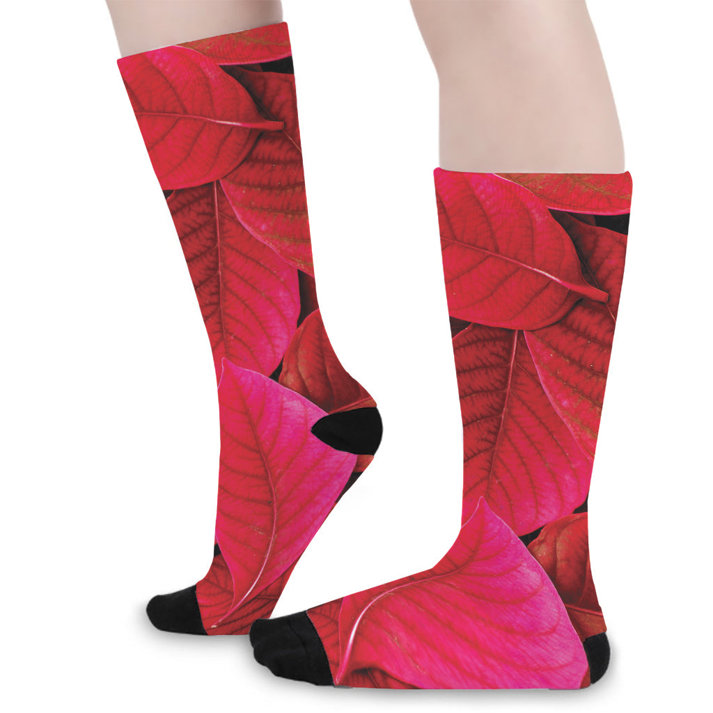 Red Leaf Print Long Socks