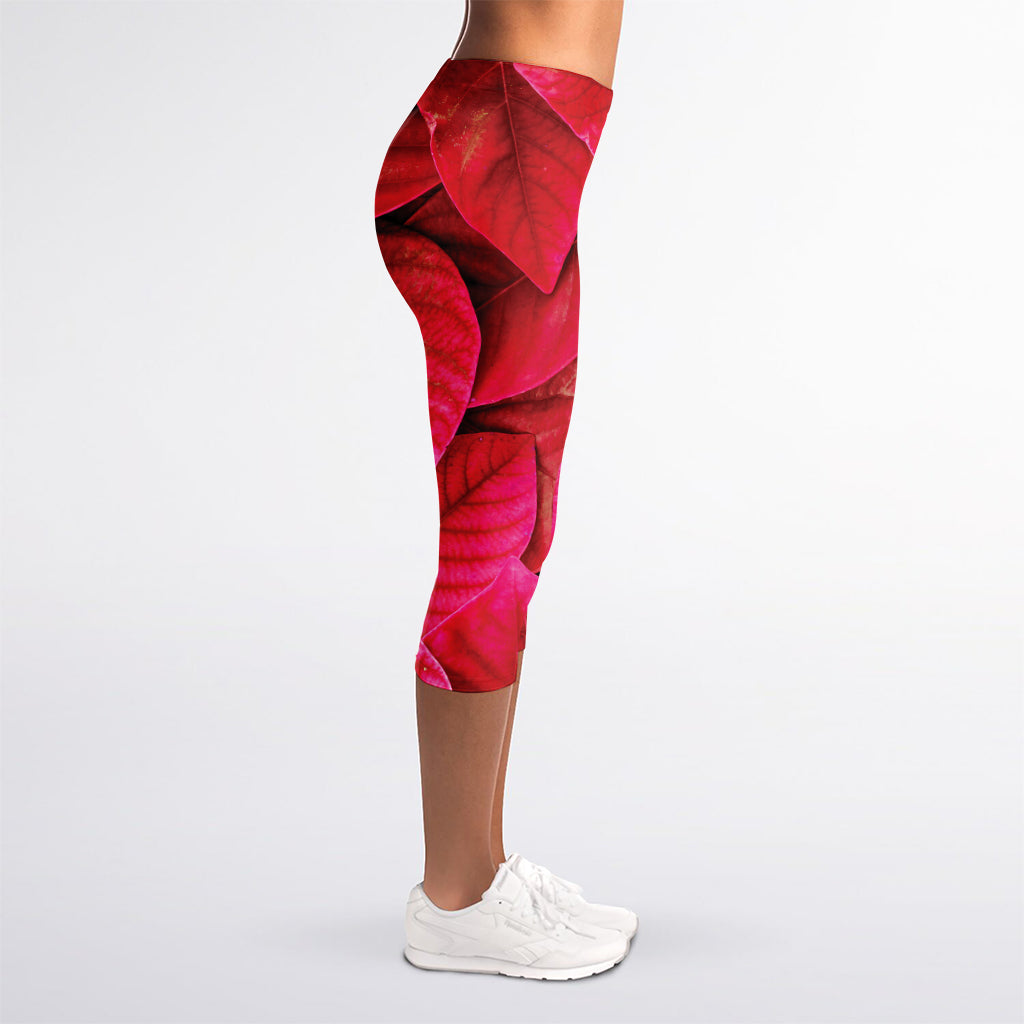 Red Leaf Print Women's Capri Leggings