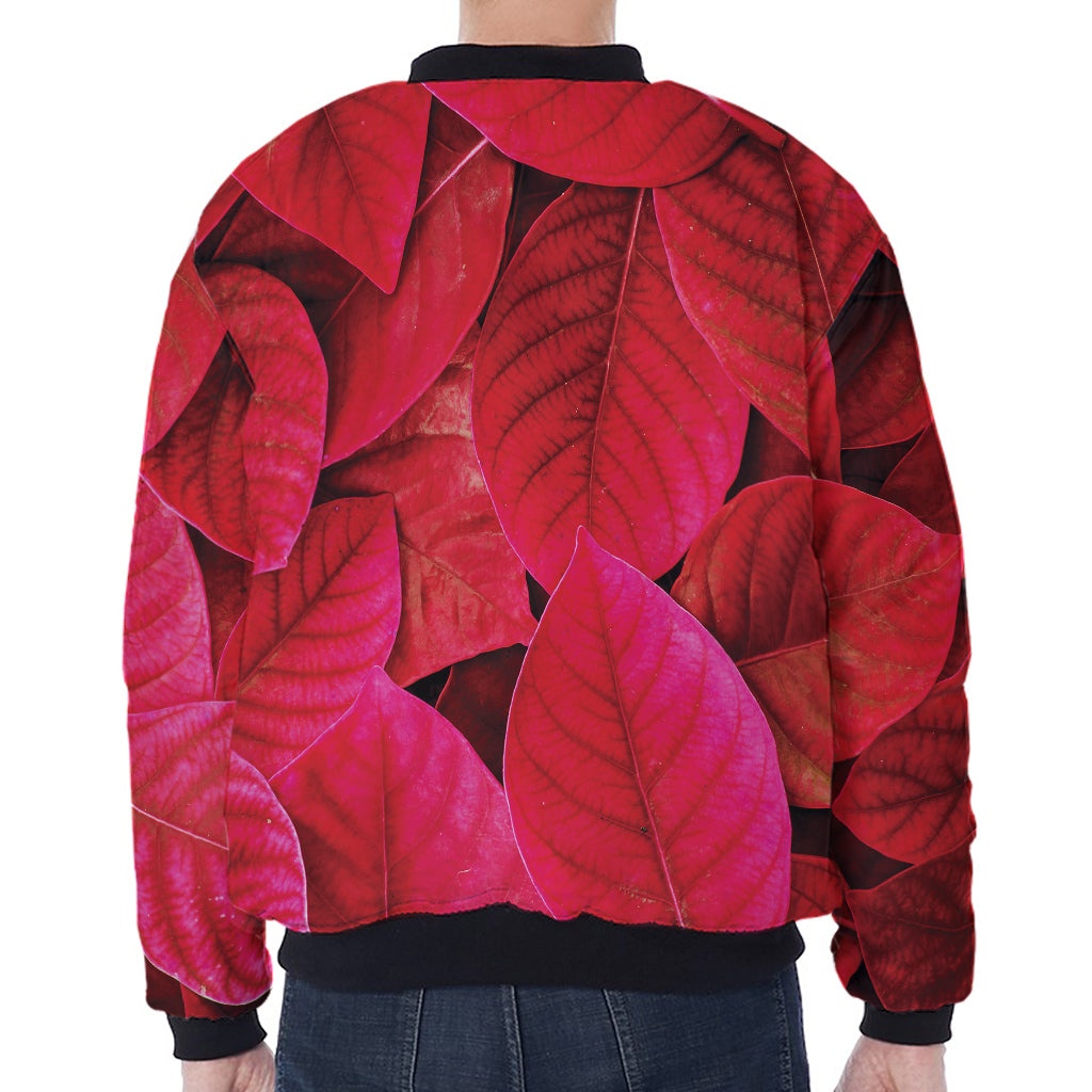Red Leaf Print Zip Sleeve Bomber Jacket