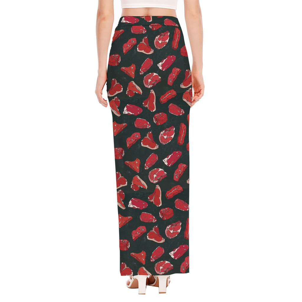 Red Meat Pattern Print High Slit Maxi Skirt