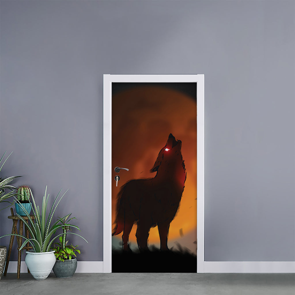 Red Moon Howling Wolf Print Door Sticker