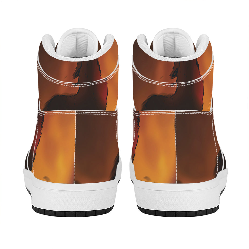 Red Moon Howling Wolf Print High Top Leather Sneakers