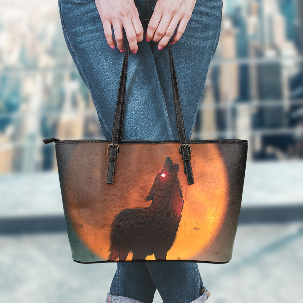 Red Moon Howling Wolf Print Leather Tote Bag